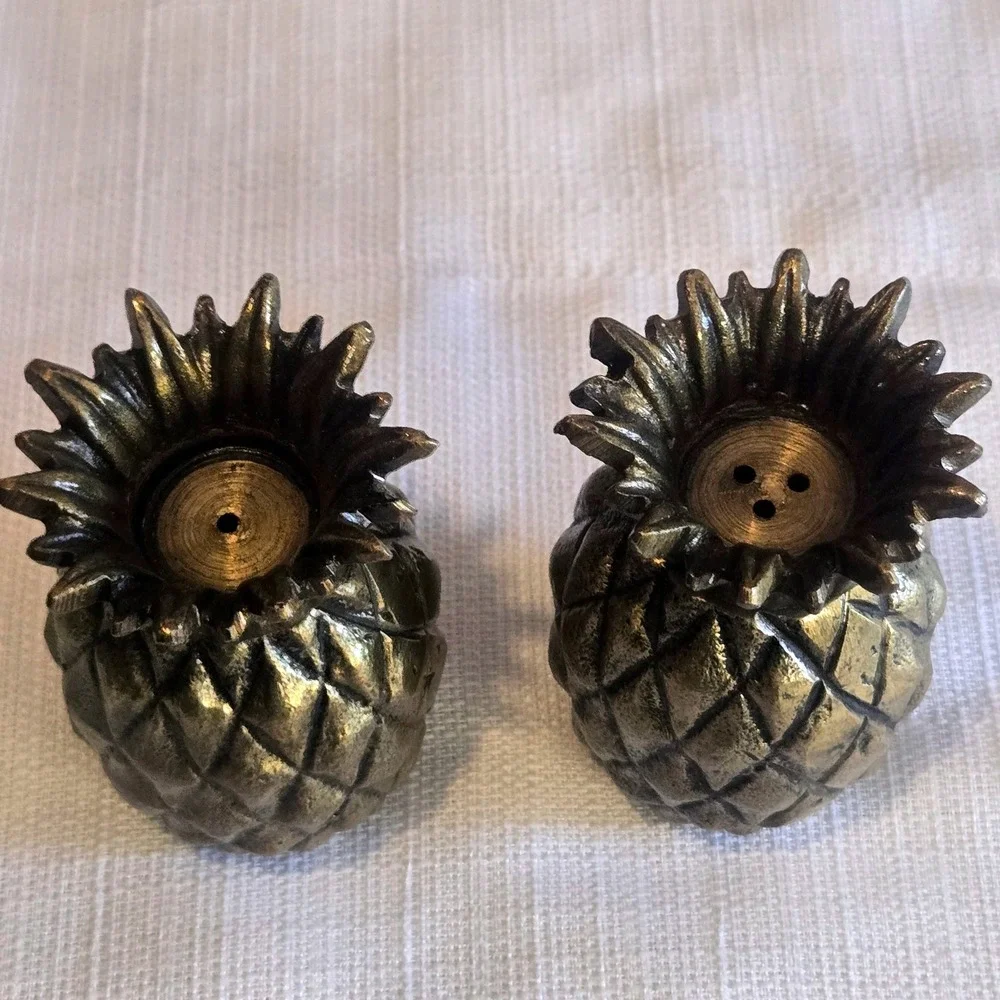 Vintage Brass Style Pineapple Salt and Pepper Shakers Set Tropical Coastal Decor